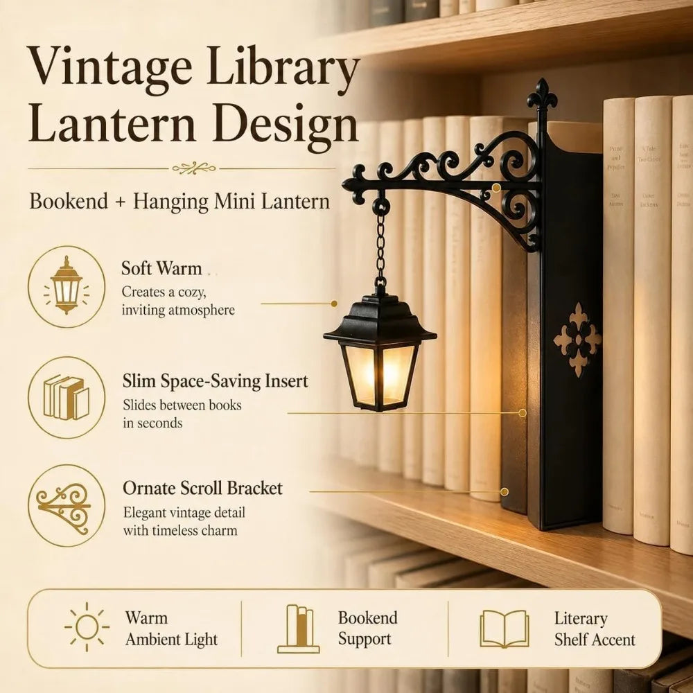 NookLamp black vintage-style bookshelf lantern with warm LED light and ornate metal bracket