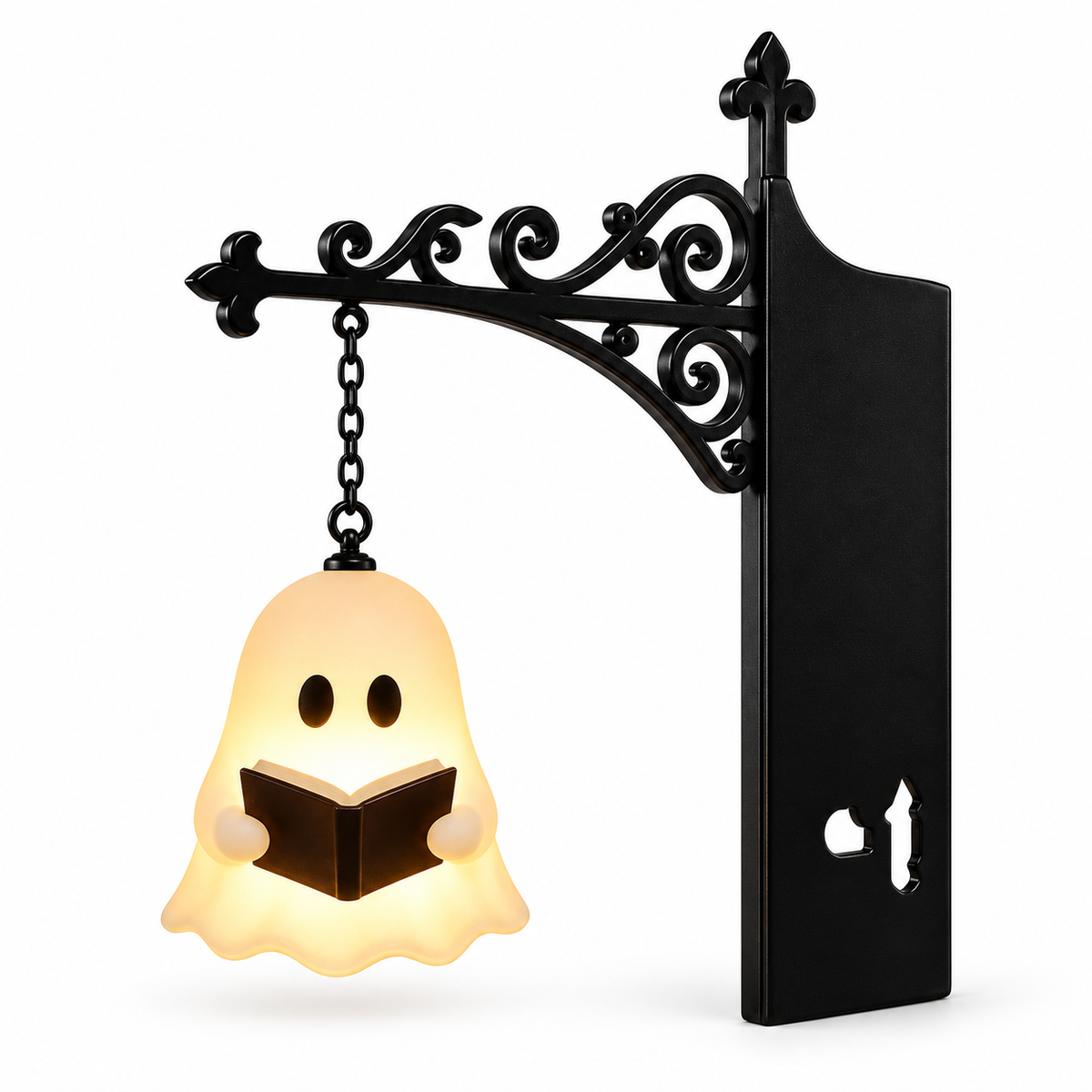 NookLamp Ghost holding a book with ornate black bracket on a white background