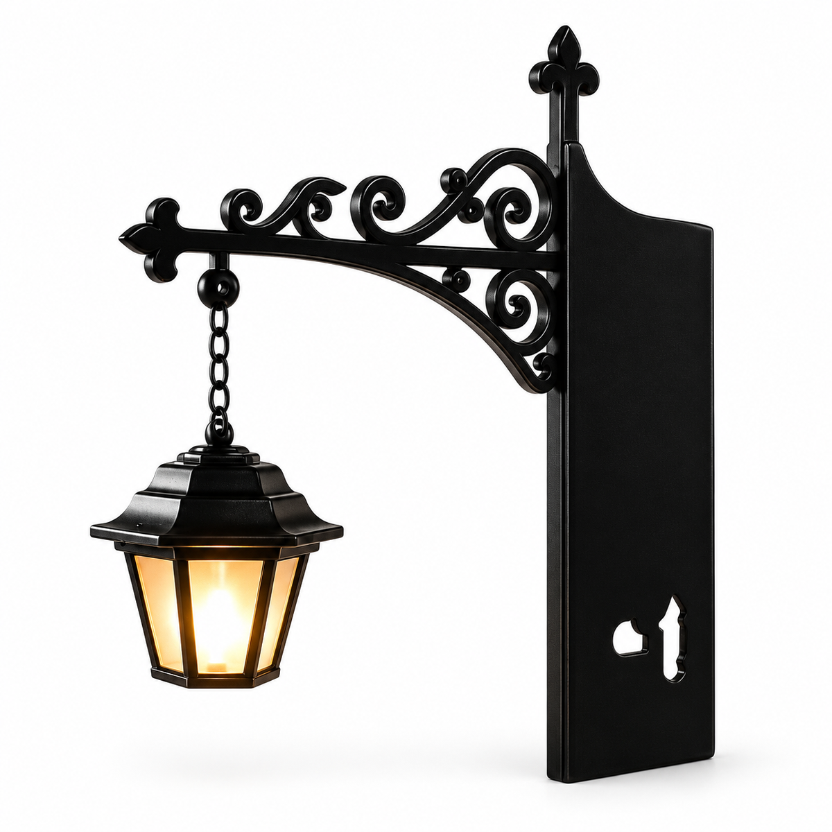NookLamp Lantern with ornate black bracket on a white background
